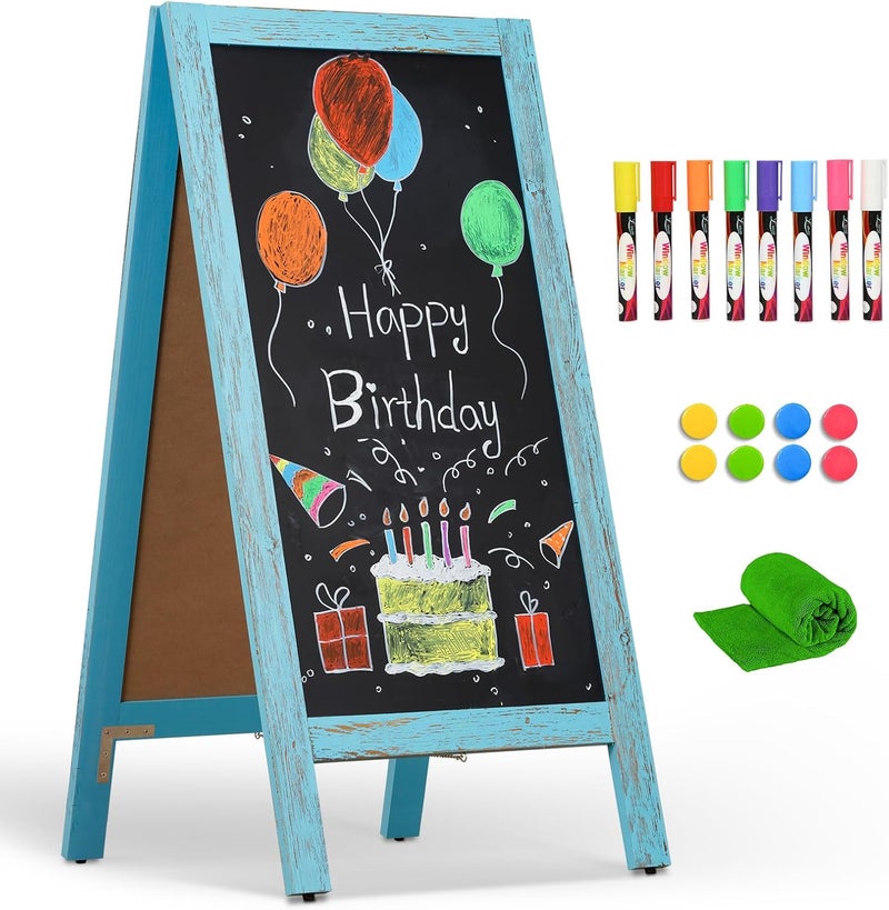 4 Thought A-Frame Chalkboard 40" x 20", Chalk Board Sign Board Magnetic Sandwich Board Pine Wooden Freestanding Double-Sided Chalkboard Easel for Restaurant Cafe Shop Wedding Party, Blue - Image 1